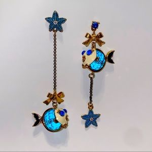 Vintage Betsey Johnson Mismatched Blue Fish Drop Earrings